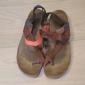 Merrell Brown Leather Sandals with Orange and Navy Accents